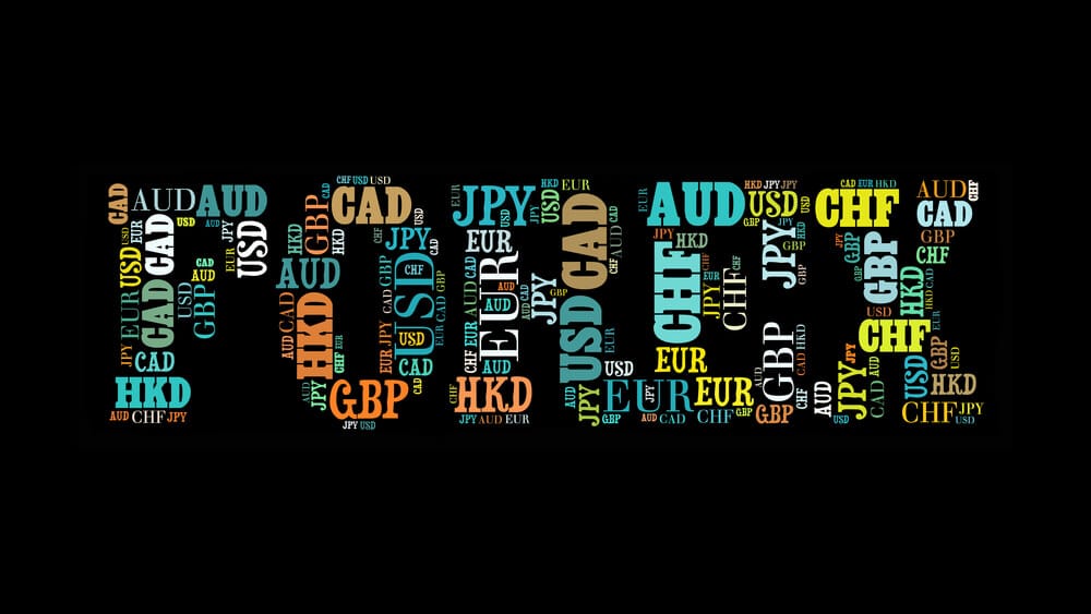 Forex word cloud with major world currencies on background