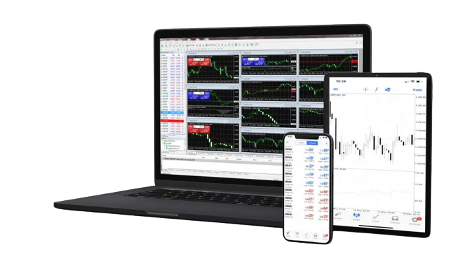 Laptop, tablet and smartphone with open MT4 multi accounts