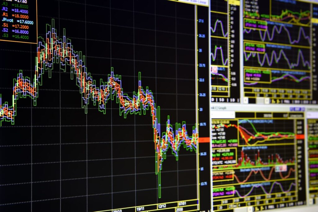 Charts of financial instruments with various type of indicators for technical analysis on the monitor of a computer