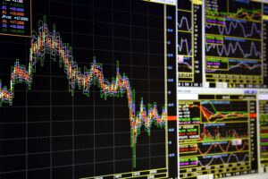 Charts of financial instruments with various type of indicators for technical analysis on the monitor of a computer