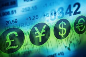 Financial Markets and Global Economy Concept. UK Pound, Euro, US Dollar and Japanese Yen