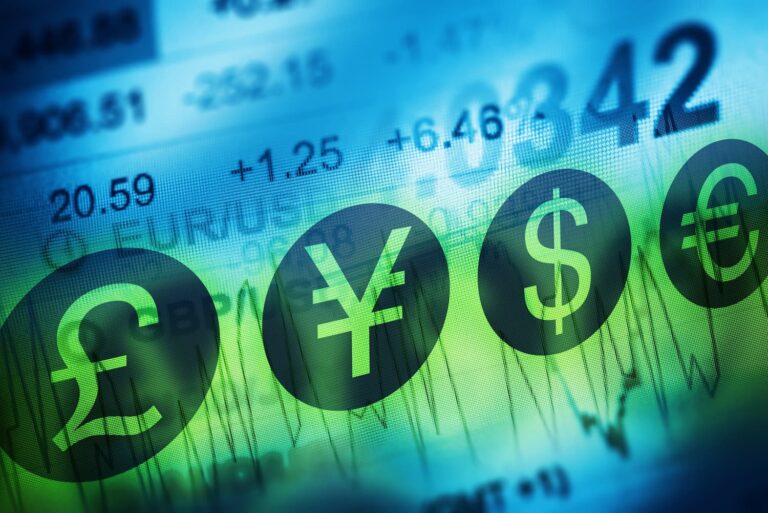 Financial Markets and Global Economy Concept. UK Pound, Euro, US Dollar and Japanese Yen