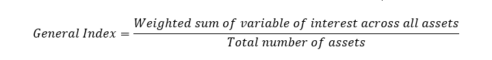 General Index=(Weighted sum of variable of interest across all assets)/(Total number of assets)